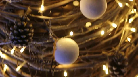 Straw new year eve tree with cristmas balls and pine cones Stock Footage 98608172