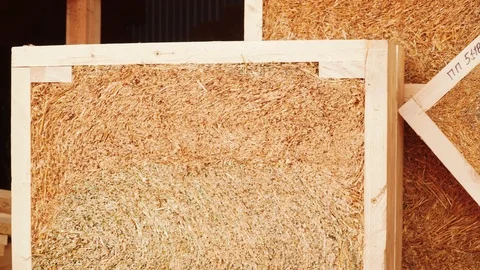 Straw panels frame construction in manufactory. Stock Footage 126775274