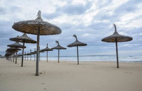 Straw parasols in front row Stock Photos