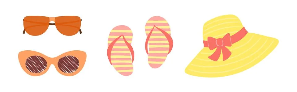 Straw sun hat, flip flops, sunglasses illustration isolated set Stockillustratie