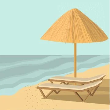 Straw umbrellas and sunbeds. Vector illustration. イラスト素材