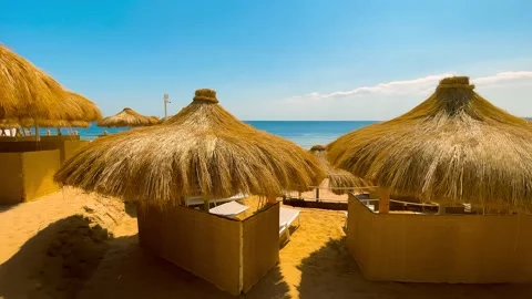 Straw umbrellas at the beach in Malaga. Costa del Sol, Andalusia, Spain Stock Footage 239178896