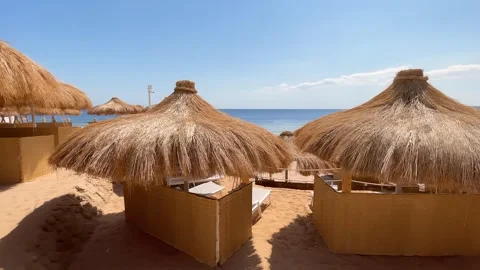 Straw umbrellas at the beach in Malaga. Costa del Sol, Andalusia, Spain Stock Footage 240494908