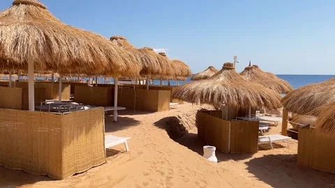 Straw umbrellas at the beach in Malaga. Costa del Sol, Andalusia, Spain Stock Footage 240494946