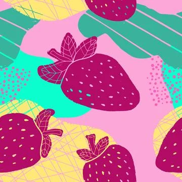 Strawberries and abstract spots, texture pattern. Vector colored seamless pat イラスト素材