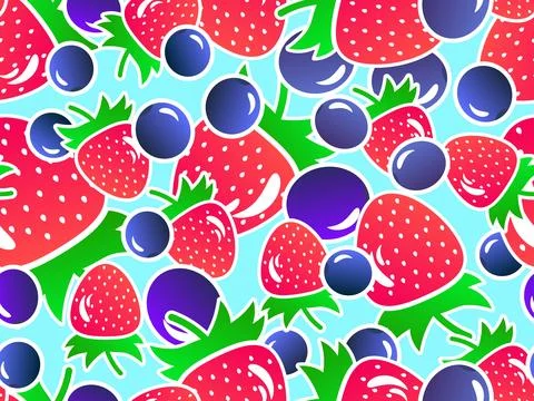 Strawberries and blueberries seamless pattern. Summer berry mix with bluebe.. Stock Illustration