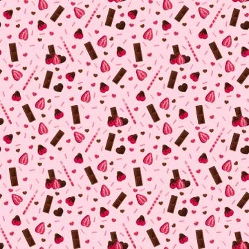 Strawberries and chocolate seamless pattern on pink background. Stockillustratie