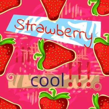 Strawberries and cool label. Seamless vector texture. Vector pattern Illustrazione stock