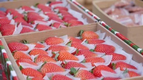 Strawberries arranged inside decorative gift packaging on a selling surface 库存影片 334661121