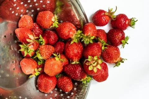Strawberries in colander on white background Stock Photos