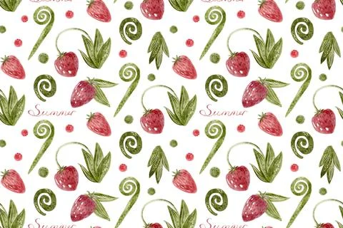 Strawberries elements seamless pattern. Watercolor illustration with berries  Stock Illustration