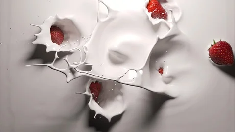 Strawberries fall into yogurt Stock Footage 104545272