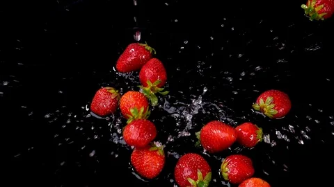 Strawberries falling on water on black background Stock Footage 91103565