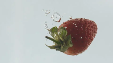 Strawberries falling into the water with bubbles. Strawberries in an aquarium in Stock Footage 101690231