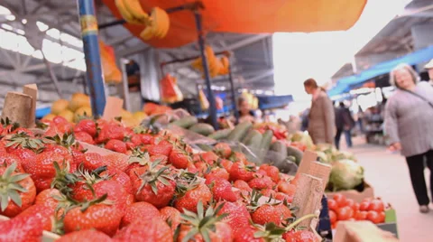 Strawberries fresh food market  , fruits and vegetables on market place Stock Footage