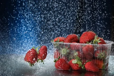 Strawberries in a plastic box closeup in a dark blue background. Stock Footage 131188614