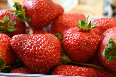 Strawberries in plastic container close-up Stock Photos