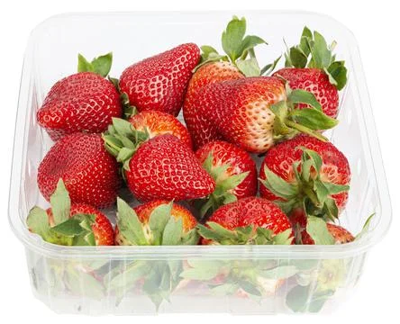 Strawberries in the plastic container 스톡 사진