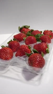 Strawberries in a plastic container on a white background. Stock Photos