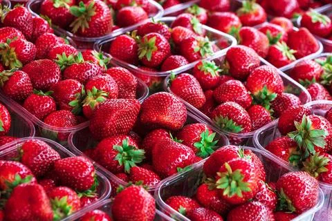 Strawberries in plastic containers Foto stock
