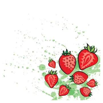 Strawberries vector background with green blots, design and simple Stock Illustration