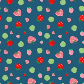 Strawberries vector repeat pattern design on blue background Stock Illustration