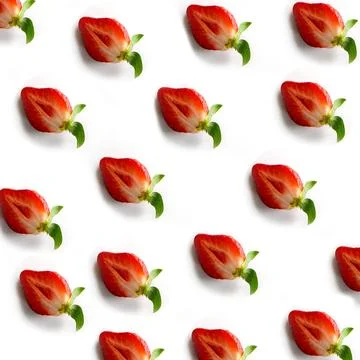Strawberries on a white background, a pattern of halves of berries. Composi.. Stock Photos