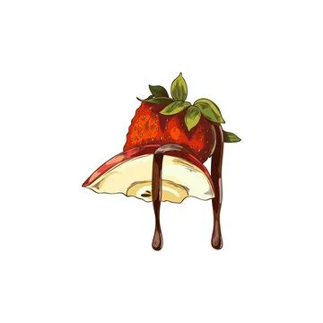 Strawberry and apple slice with melted dark chocolate hand drawn vector Stock Illustration