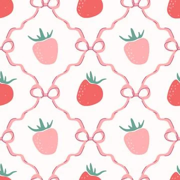 Strawberry and Bows seamless pattern. Stock Illustration