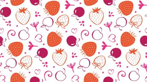 Strawberry and Cherry seamless pattern. Pink orange berries on white background Stock Illustration