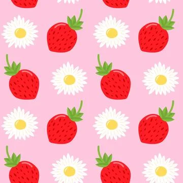 Strawberry and daisy seamless pattern on pink background. Cute summer print Stock Illustration