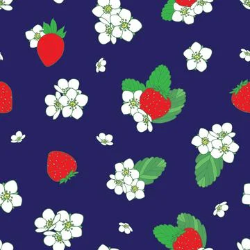 Strawberry and flowers seamless pattern on dark blue background Stock Illustration