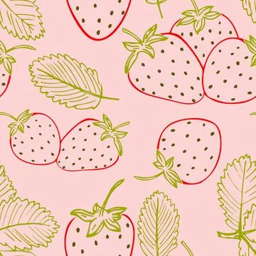 Strawberry and leaf pattern. Outline berries on a pink background. Seamless Stock Illustration