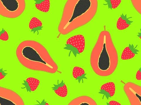 Strawberry and papaya seamless pattern. Summer exotic fruit and berry mix o.. Stock Illustration