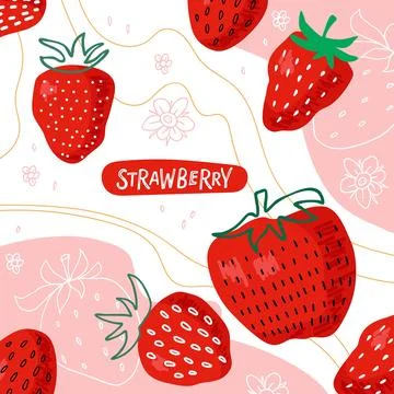 Strawberry background. Abstract print with red strawberry and pink waves. Fresh Stock Illustration