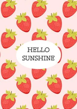 Strawberry background pattern with hello sunshine summer greeting text 스톡 일러스트