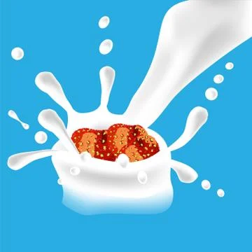 Strawberry background. Red splashes of milk in beautiful style on blue backgr Stock Illustration
