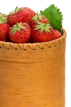 Strawberry in bark basket Stock Photos