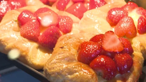 Strawberry Bread Dish in Bakery in Display Cabinet Stock Footage 325351896