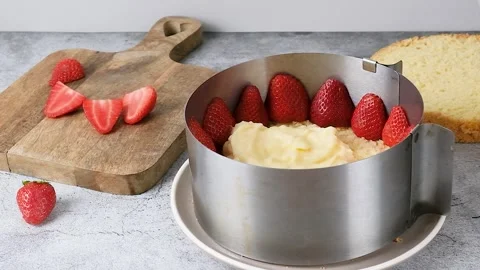  Strawberry cake with biscuit, mousse and jelly.  Stock Footage 256656655