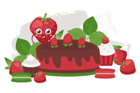 Strawberry cake with chocolate, bread set vector illustration. Mint sweet pastry Stock Illustration