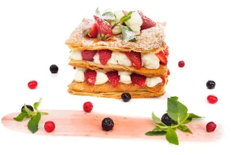 Strawberry cake with custard Stock Photos