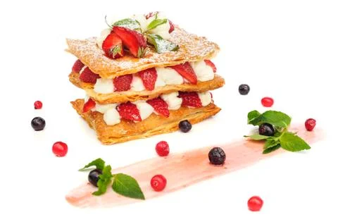 Strawberry cake with custard Stock Photos