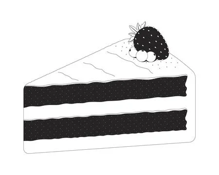 Strawberry cake slice with blueberries 2D line object Stock Illustration