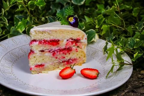 Strawberry Cake Slice, Greenery Backdrop 스톡 사진