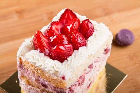 Strawberry Cake Slice rectangle shape on wooden background Stock Photos