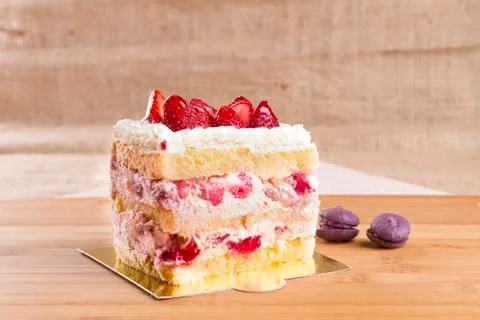 Strawberry Cake Slice rectangle shape on wooden background Stock Photos