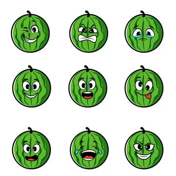 Strawberry character with funny face. Happy cute cartoon watermelon emoji set Stock Illustration