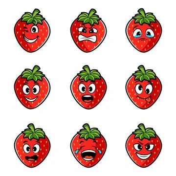 Strawberry character with funny face. Happy cute cartoon strawberry emoji set Stock Illustration