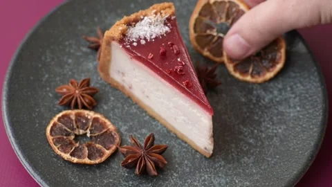 Strawberry cheesecake, a slice of sweet pie, a classic cheesecake dessert. Straw Stock Footage 321416075